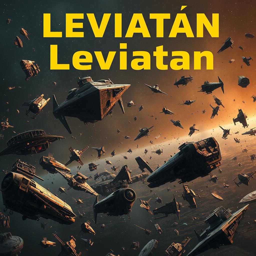 A realistic depiction of a space combat zone filled with the wreckage of destroyed spaceships scattered throughout the scene
