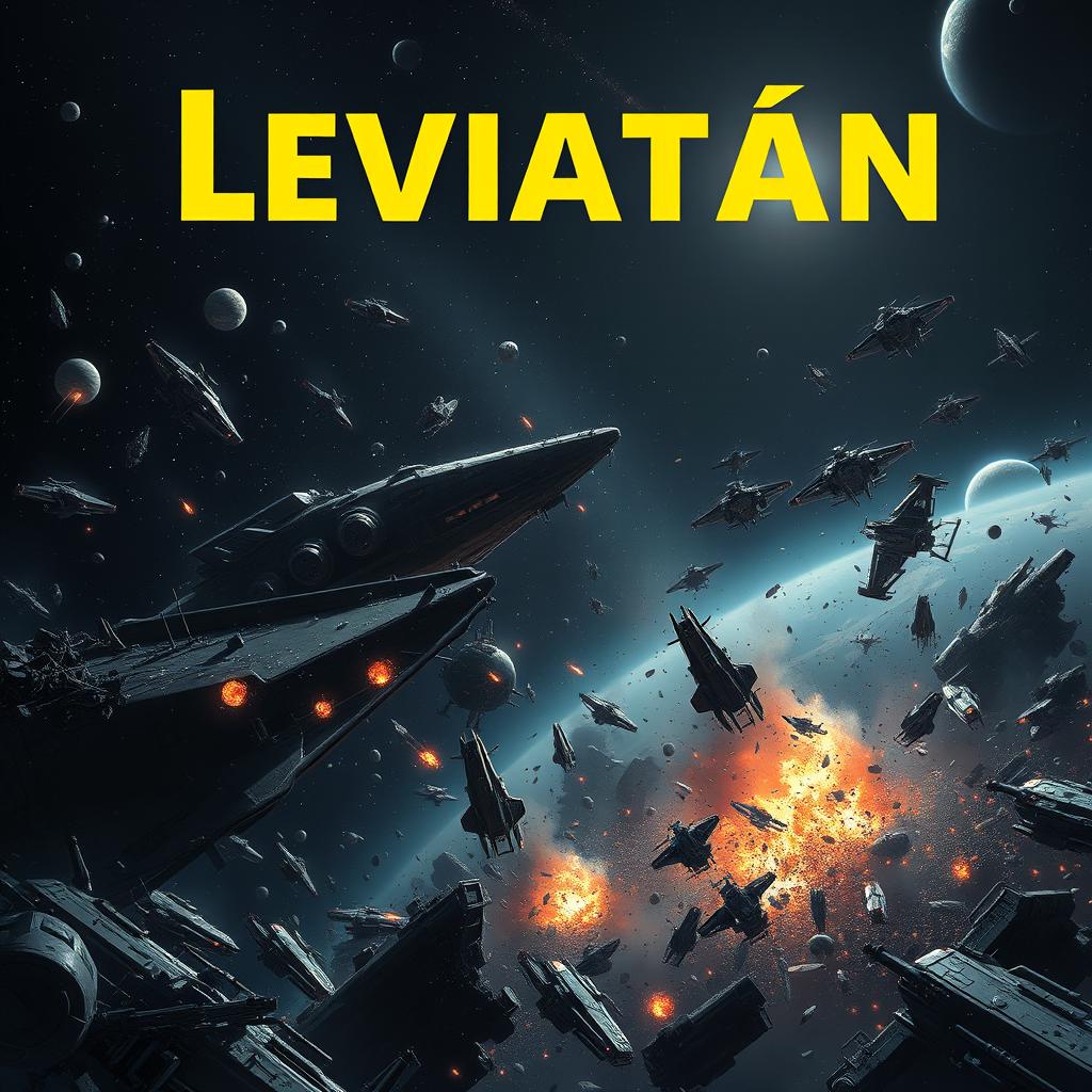 A realistic depiction of a space combat zone filled with debris from destroyed spaceships