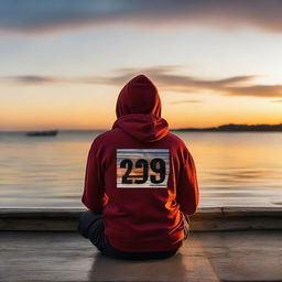 A youthful male individual sitting on a pier edge while wearing a hoodie with 'March' written on it and the number '29' underneath, accompanied by a breathtaking sunset backdrop.