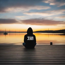 A young man sitting on a pier edge, dressed in a hoodie decorated with 'March' and '29', observing a beautiful sunset.