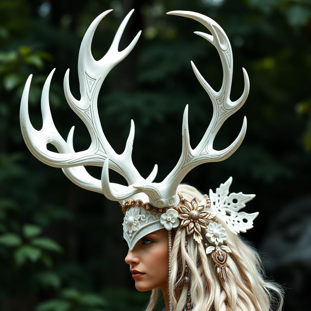 An exquisite and striking design featuring a white antler headdress adorned with intricate carvings and embellishments