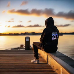 A young man sitting on a pier edge, dressed in a hoodie decorated with 'March' and '29', observing a beautiful sunset.