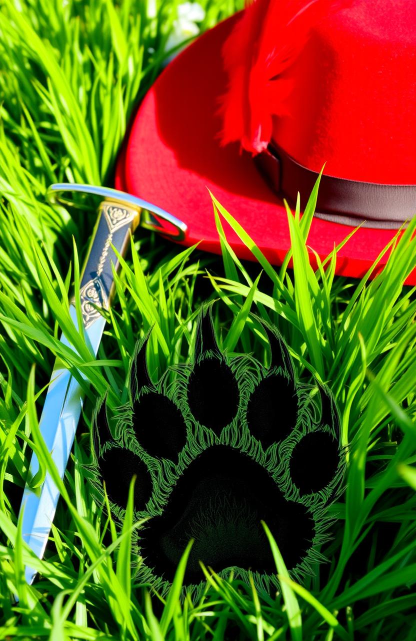 A wide-brimmed red hat adorned with a vibrant feather, placed gently in lush green grass