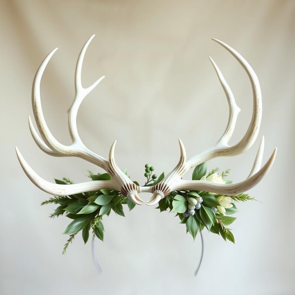 A stunning white 6 point antler headdress, intricately designed with natural textures and details, set against a soft, dreamy background