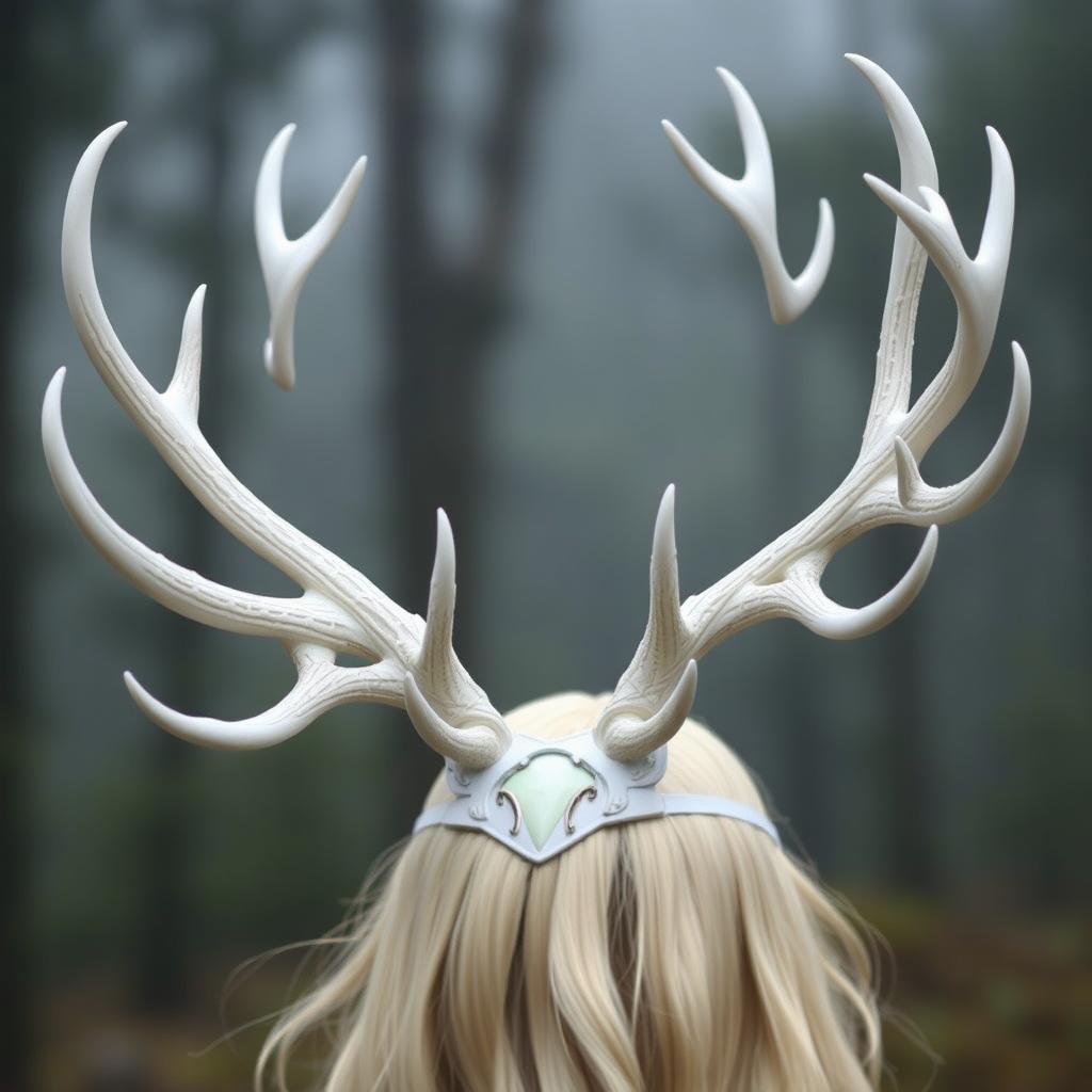 A beautifully crafted white 6 point antler headdress, showcasing intricate details and lifelike textures