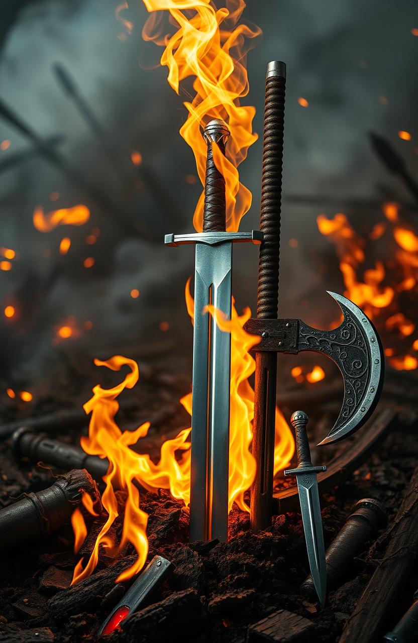A dramatic scene depicting a sword firmly planted in the ground, surrounded by swirling flames