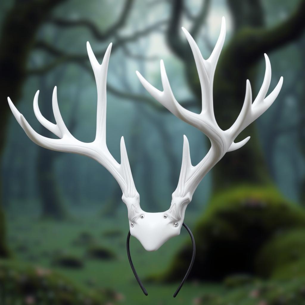 A striking white '6 point antler' headdress featuring elegantly curved antlers that are intricately detailed, showcasing a smooth and glossy surface