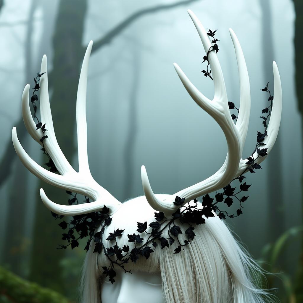 A captivating white '6 point antler' headdress adorned with black ivy delicately intertwined around the antlers