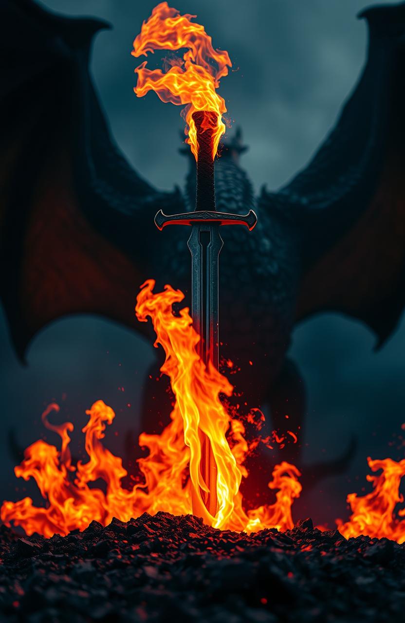A dramatic scene depicting a sword firmly stuck in the ground, engulfed in vibrant flames