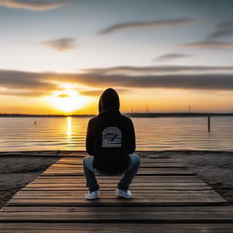 A young man sitting on a pier edge, dressed in a hoodie decorated with 'March' and '29', observing a beautiful sunset.