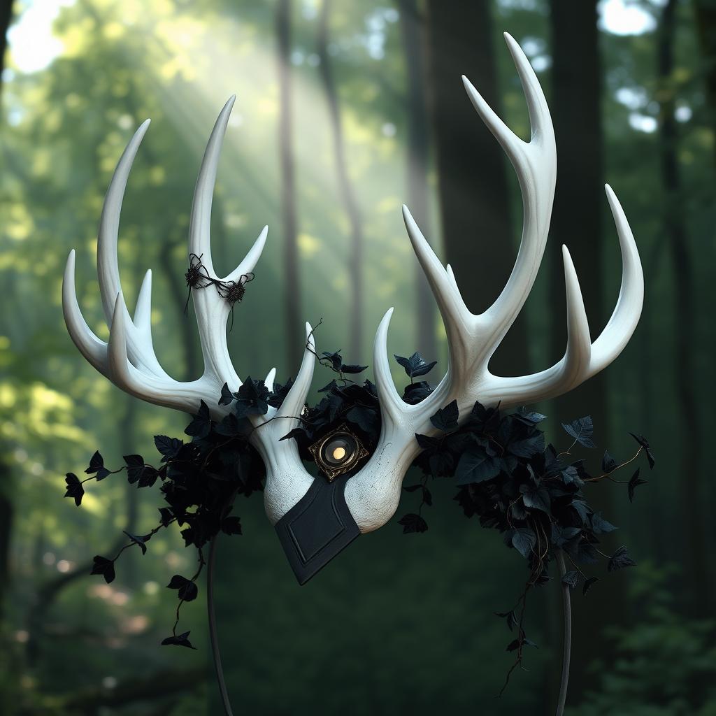 A captivating white '6 point antler' headdress adorned with lush black ivy gracefully intertwined around the antlers