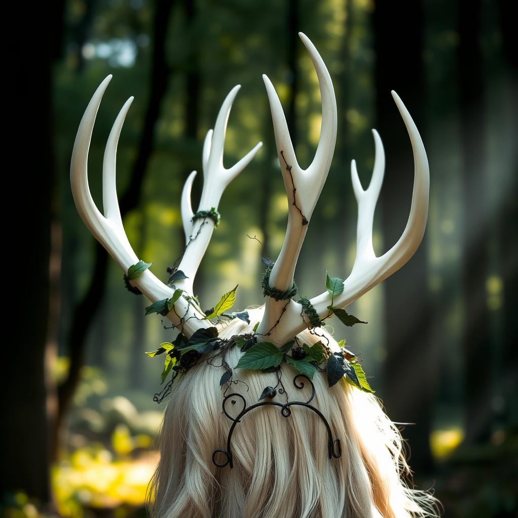 A stunning white '6 point antler' headdress beautifully adorned with intricate black and green ivy wrapped around the antlers