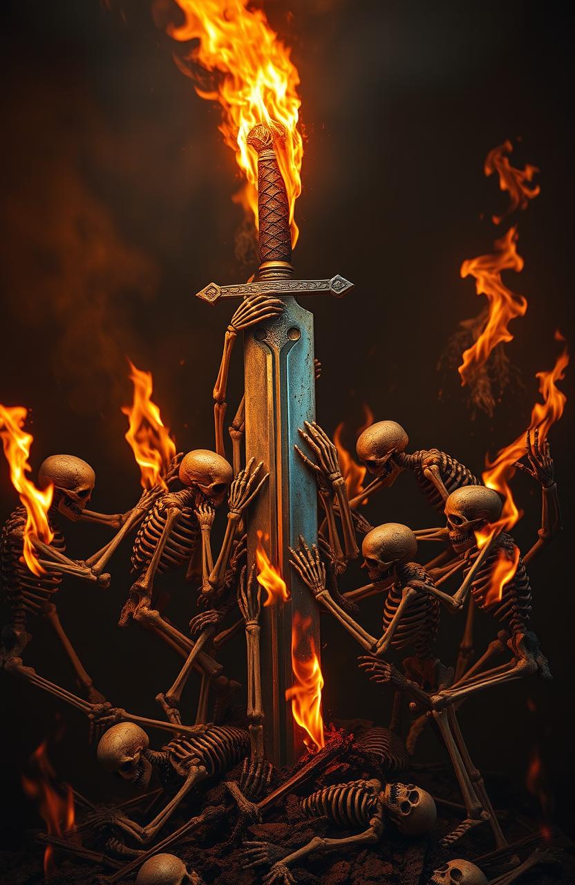 A dramatic scene depicting an ancient sword stuck in the ground, completely engulfed in flames