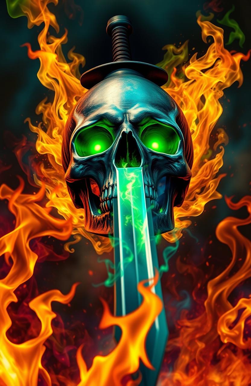 A dramatic scene depicting a sword thrust into a skull, surrounded by intense flames engulfing it