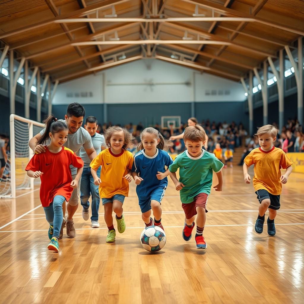A realistic photograph capturing a heartwarming scene of parents and children playing futsal in a sports pavilion