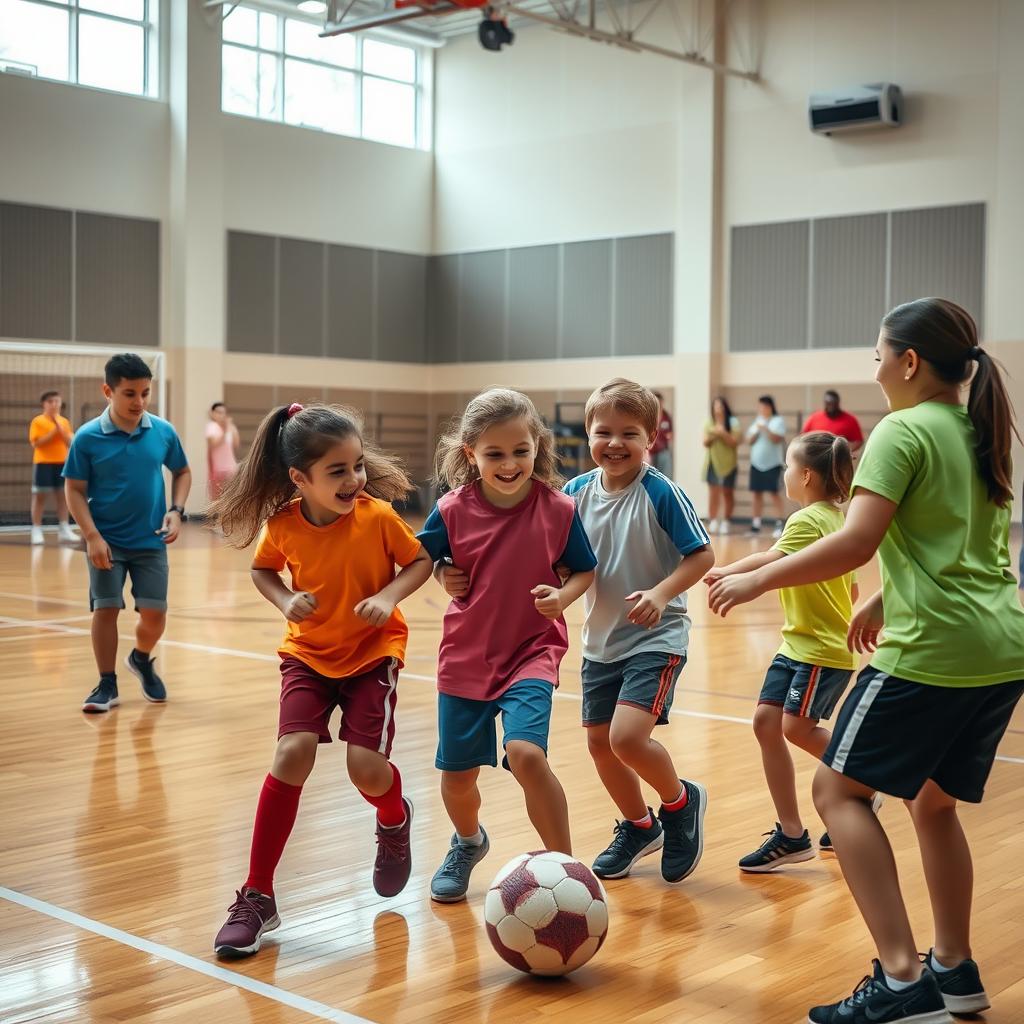 A realistic photograph capturing a heartfelt moment at a futsal gymnasium, showcasing parents and children engaged in a friendly game of futsal