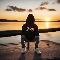 A young man sitting on a pier edge, dressed in a hoodie decorated with 'March' and '29', observing a beautiful sunset.