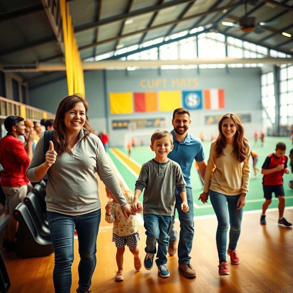 A realistic photograph of parents and children holding hands in a sports hall, specifically a futsal pavilion