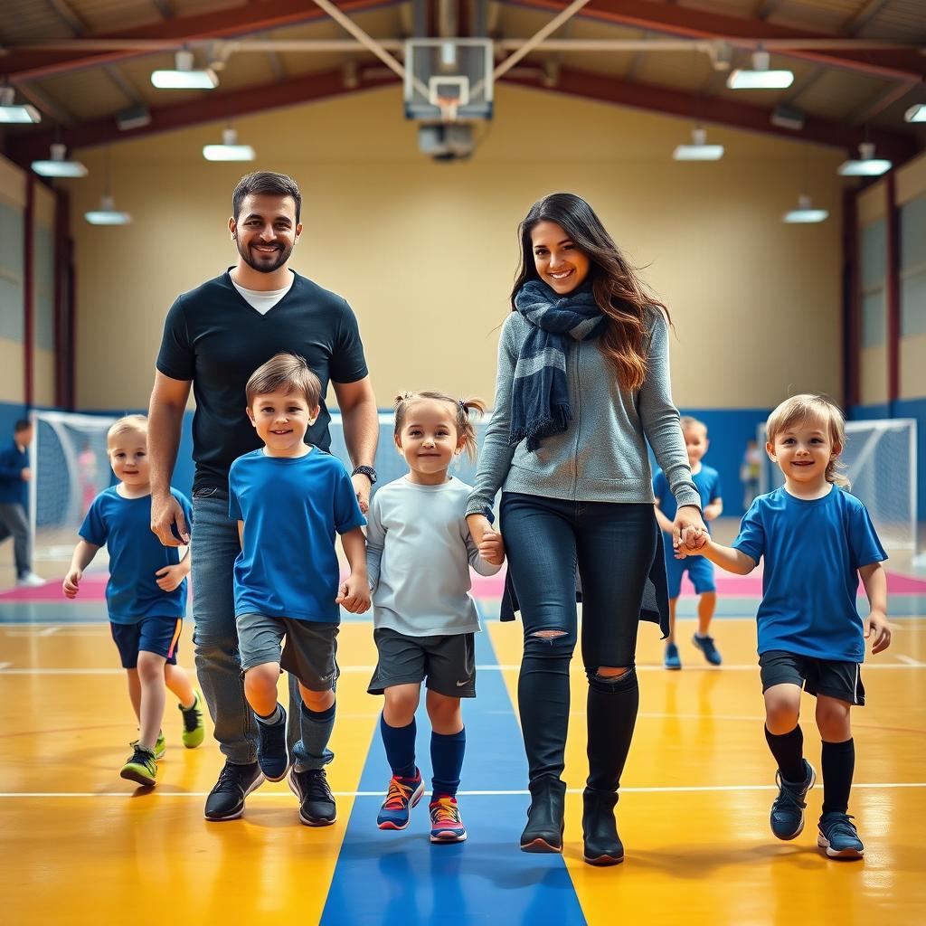 A realistic photograph of parents and children holding hands in a sports hall focused on futsal