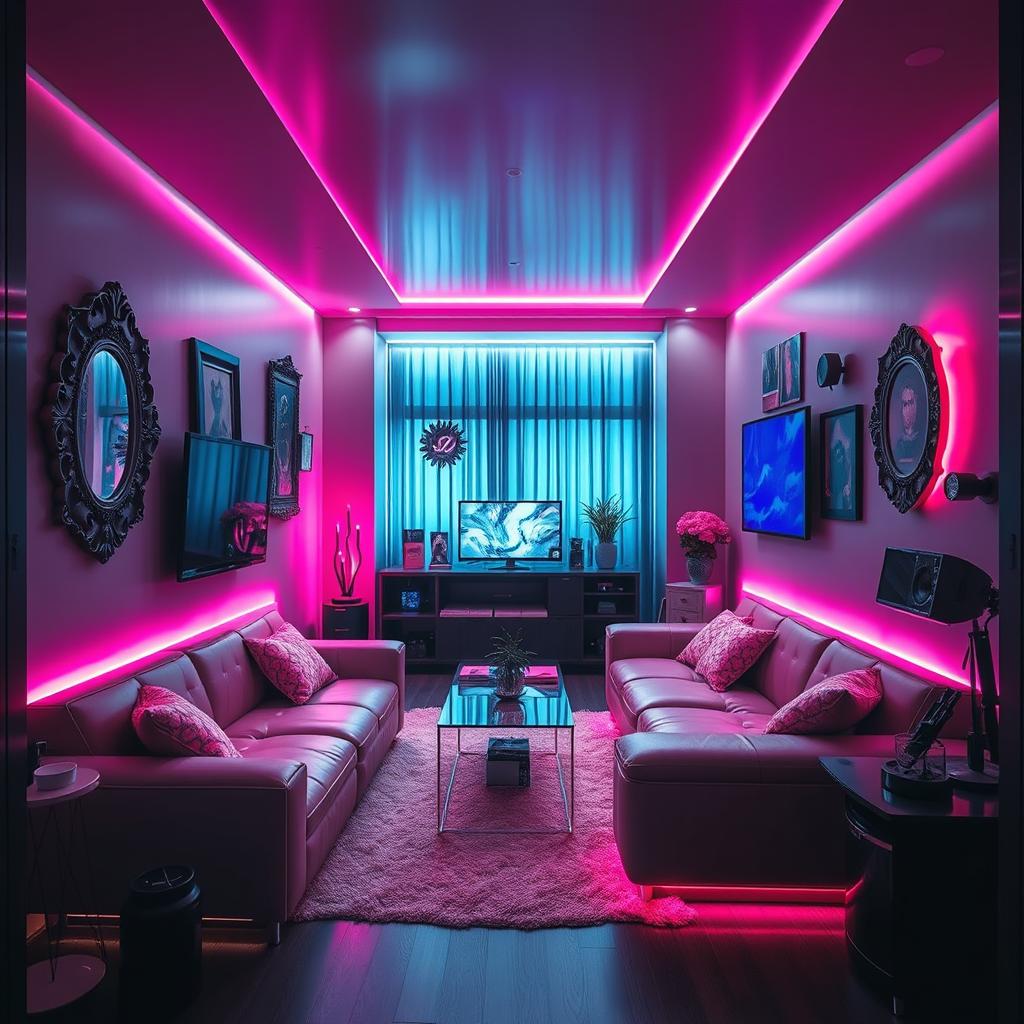 A high-tech apartment interior, compact and designed in a pink goth core aesthetic