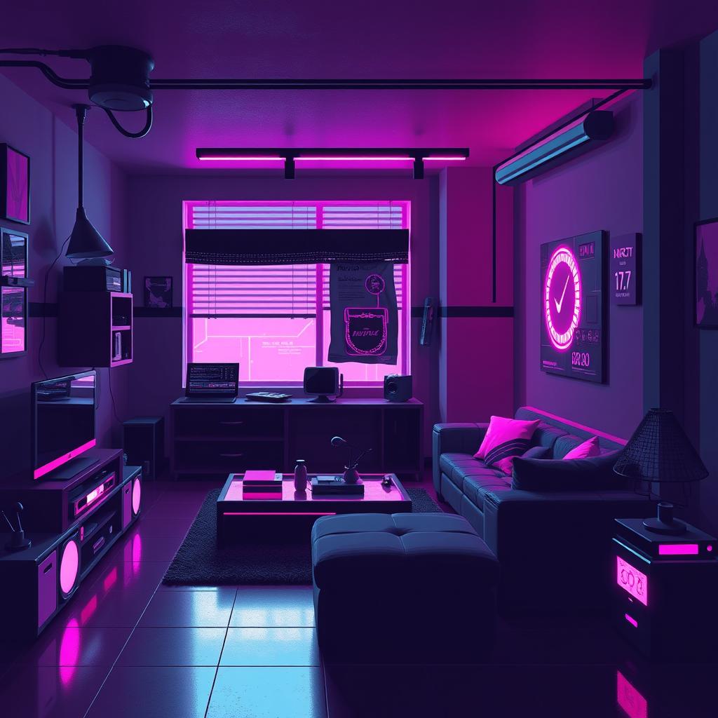 A pixel art background of a high-tech apartment, designed in a pink goth core aesthetic
