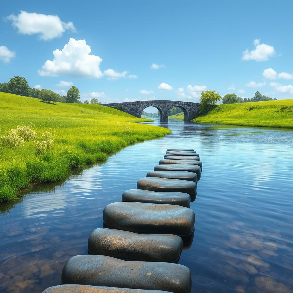A realistic and serene landscape featuring a river with smooth stepping stones across it leading to a lush green meadow on the other side