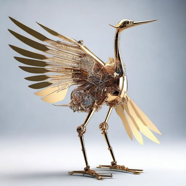 Conjure up a vision of a crane (bird) reimagined as a futuristic robot, showcasing a harmonious blend of natural elegance and mechanical precision.