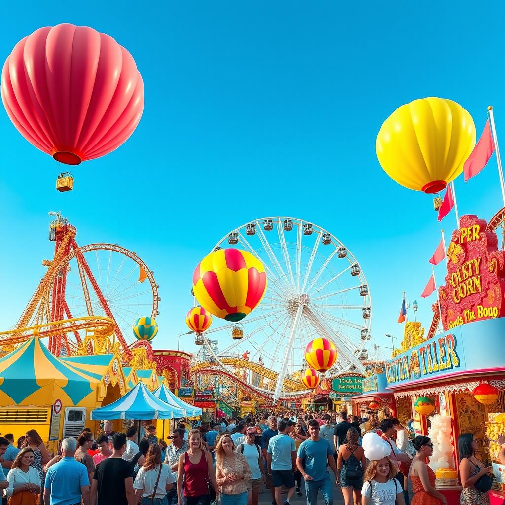 An exciting and vibrant theme park scene filled with colorful roller coasters, whimsical attractions, and joyful visitors enjoying their day
