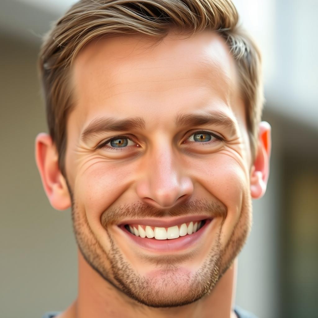 A close-up portrait of a man with a warm, inviting smile, showcasing his bright, expressive eyes and friendly demeanor