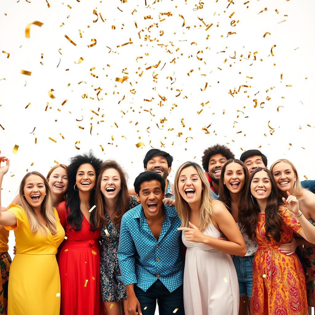 A vibrant scene featuring a joyful celebration with gold confetti raining down on a bright, clean white background