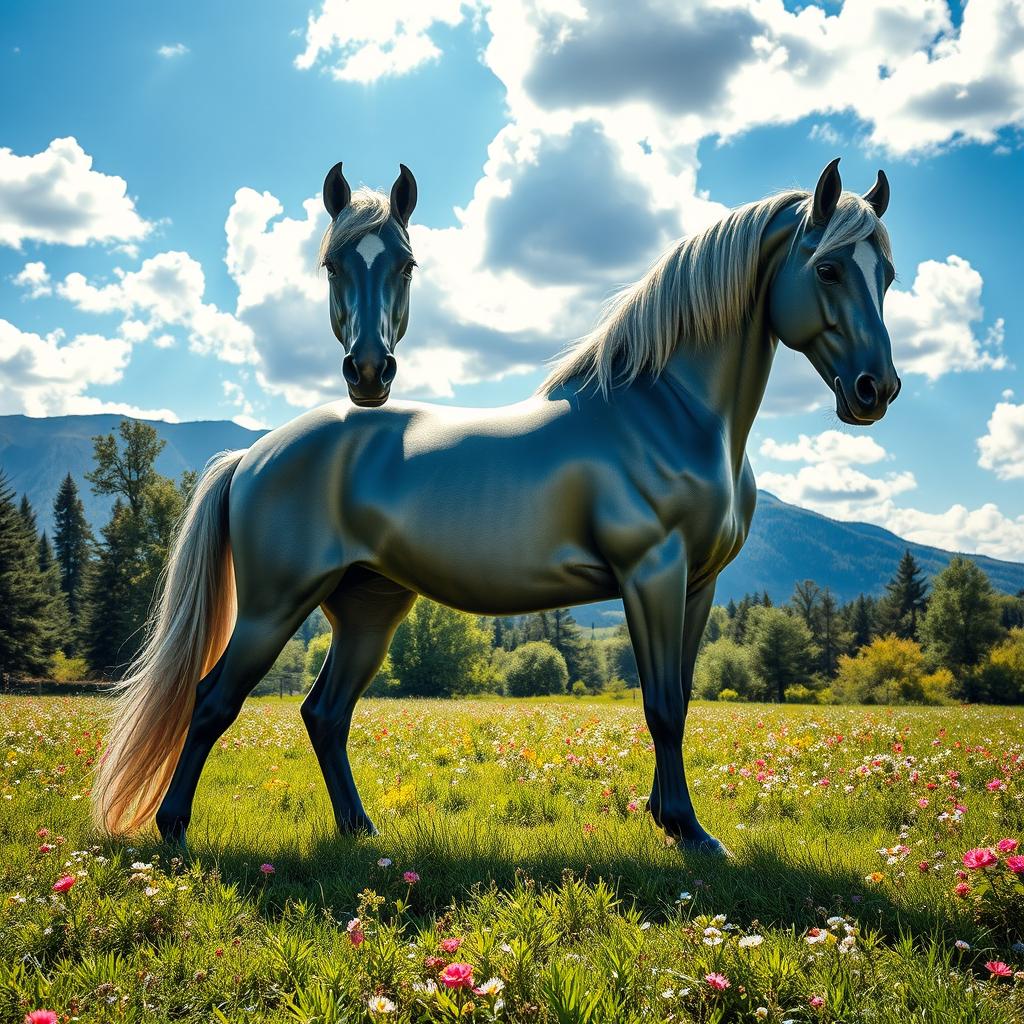 A Steel Stallion in a striking pose, standing majestically in the center of a vibrant display, surrounded by a lush green meadow under a bright blue sky filled with fluffy white clouds