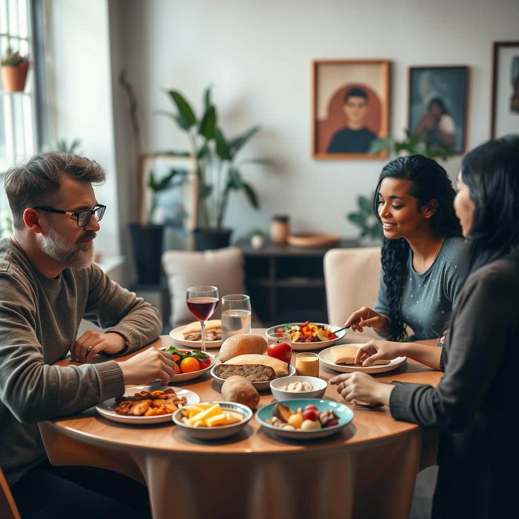 A diverse group of people sitting together around a large, round table, engaging in conversation and sharing a meal