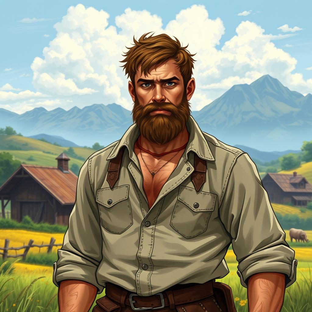 A Dungeons & Dragons style portrait of a rugged male farmer, showcasing a strong and sturdy build