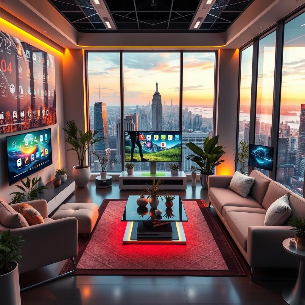 A futuristic living space designed for a high-tech lifestyle, featuring various smart home apps displayed on sleek digital screens