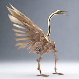 Conjure up a vision of a crane (bird) reimagined as a futuristic robot, showcasing a harmonious blend of natural elegance and mechanical precision.