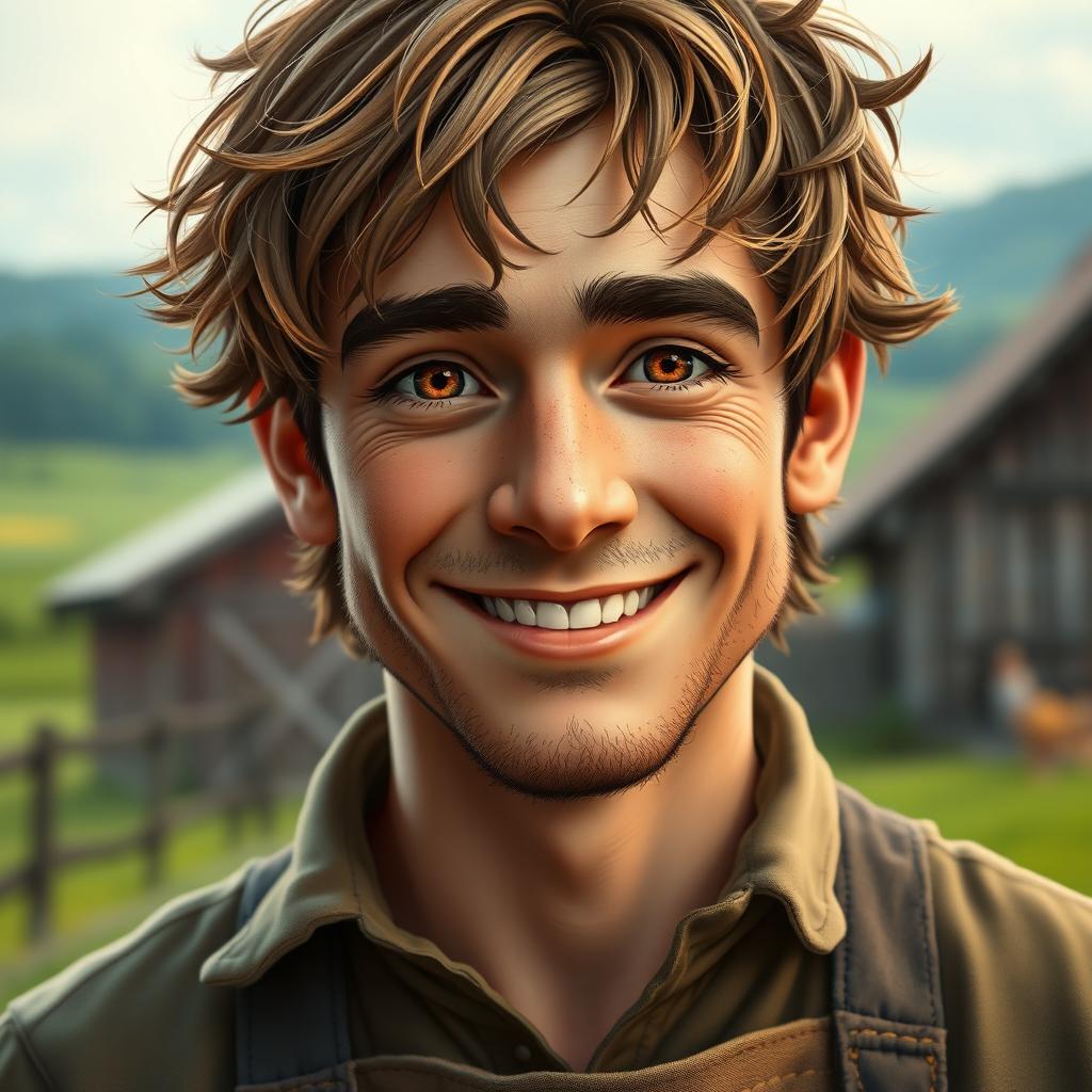 A close-up portrait of a friendly male farmer in a Dungeons & Dragons style