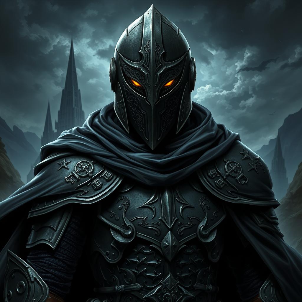 A captivating Dungeons & Dragons style portrait of a 'Knight of the Hidden Lord', an imposing figure clad in intricately designed armor that reflects both strength and mystery