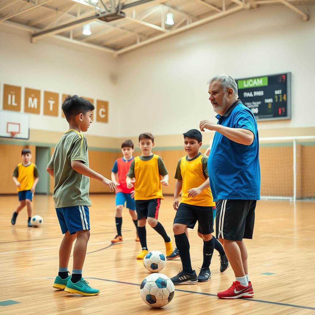 A realistic photograph capturing a youth futsal coach in a sports hall during a training session