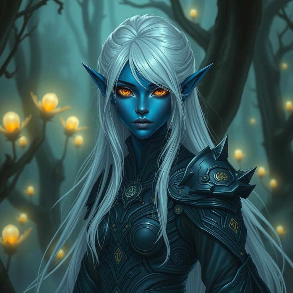 A dark elf girl with striking white hair cascading down her shoulders, her skin is a rich, deep blue exhibiting an ethereal glow