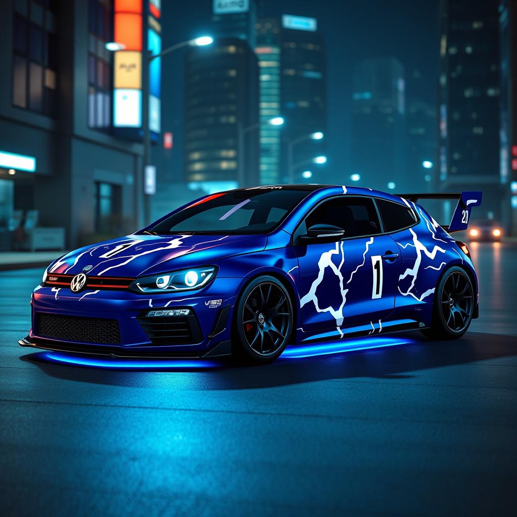 A digital 3D artwork featuring a Volkswagen Scirocco R tuning car