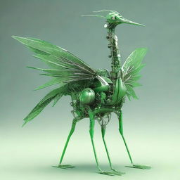 Design a green-toned vision of a crane (bird) transformed into an intricate robot, exploring the intersection of nature's elegance with advanced mechanics.