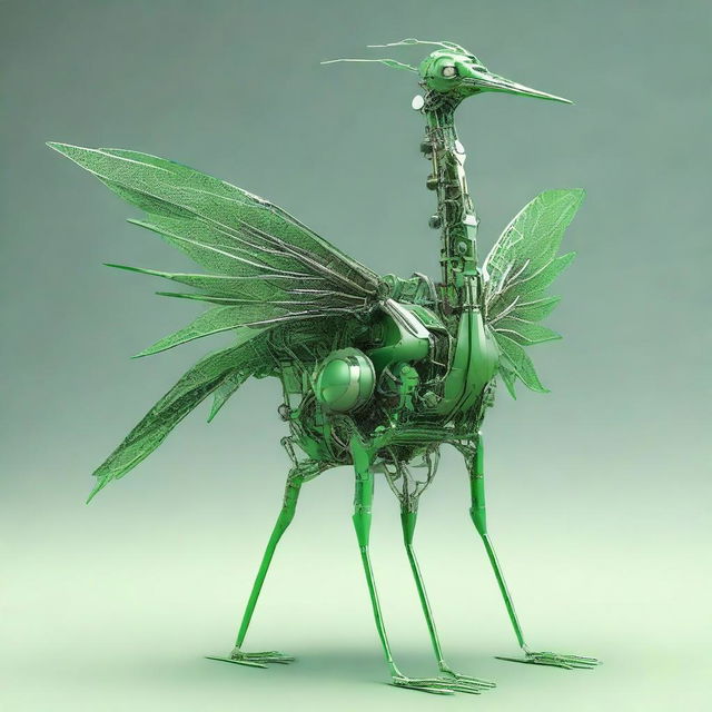 Design a green-toned vision of a crane (bird) transformed into an intricate robot, exploring the intersection of nature's elegance with advanced mechanics.