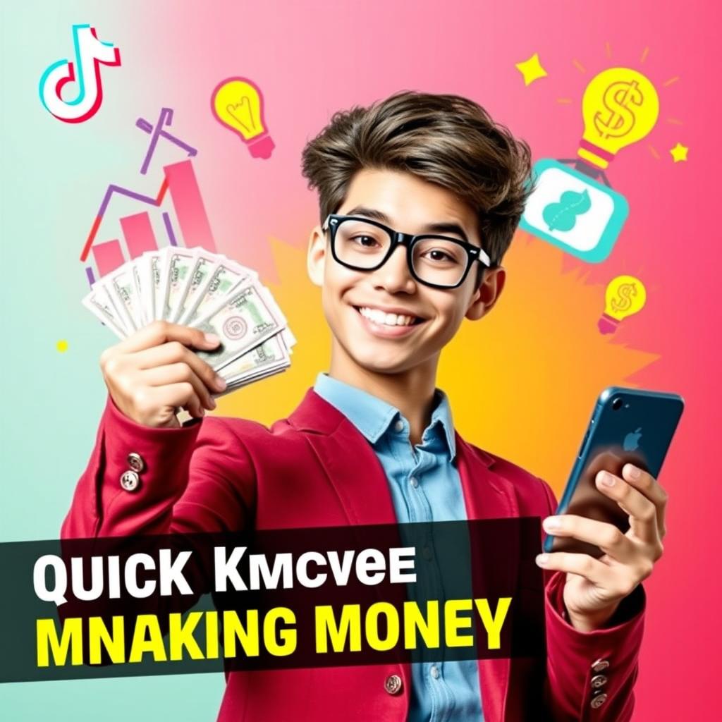 A vibrant and eye-catching TikTok profile image featuring a confident young entrepreneur, smiling and holding a stack of cash in one hand and a smartphone in the other