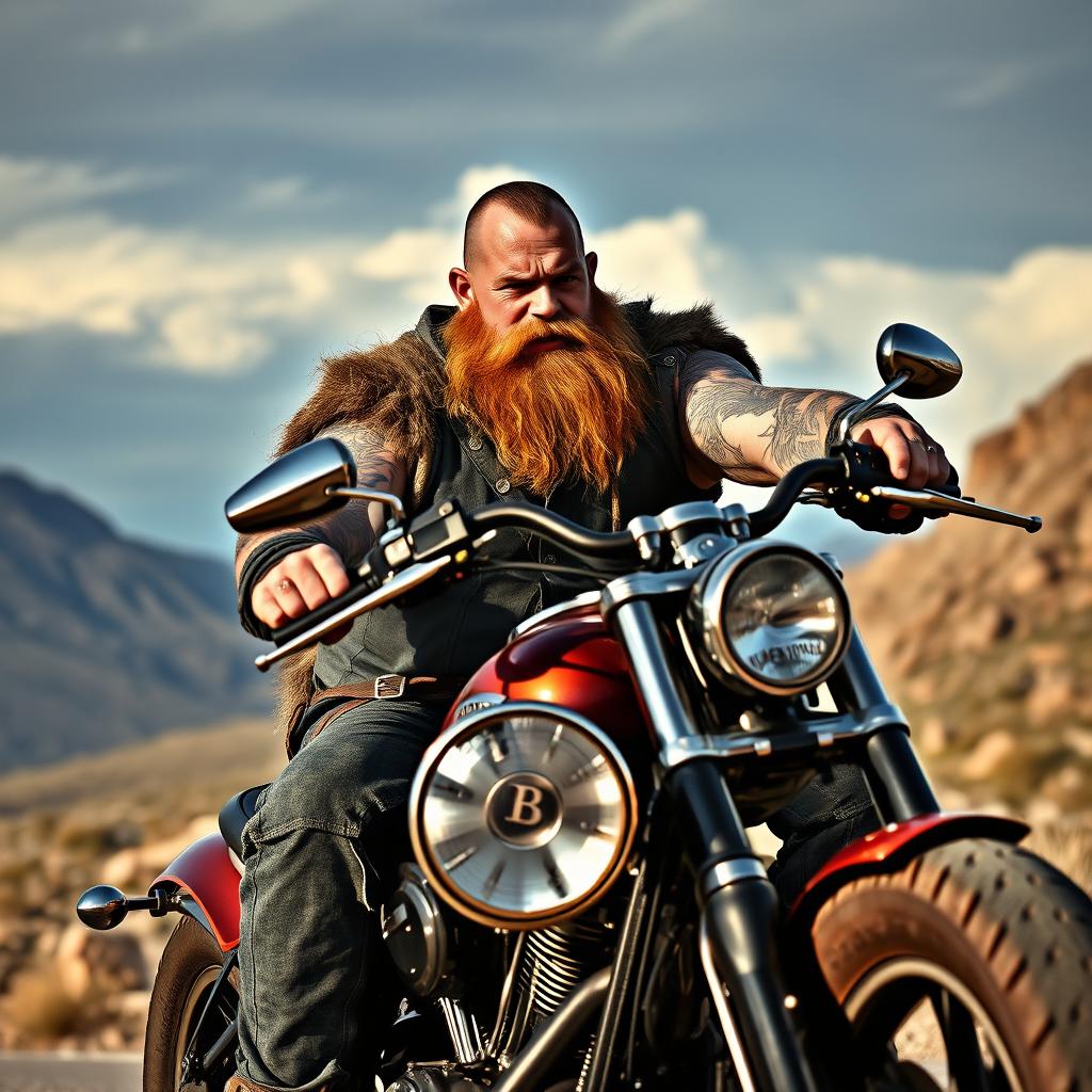 A large, muscular Viking with short hair and a medium beard, adorned with elaborate tattoos, confidently riding a powerful Harley Davidson motorcycle