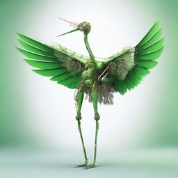 Design a green-toned vision of a crane (bird) transformed into an intricate robot, exploring the intersection of nature's elegance with advanced mechanics.