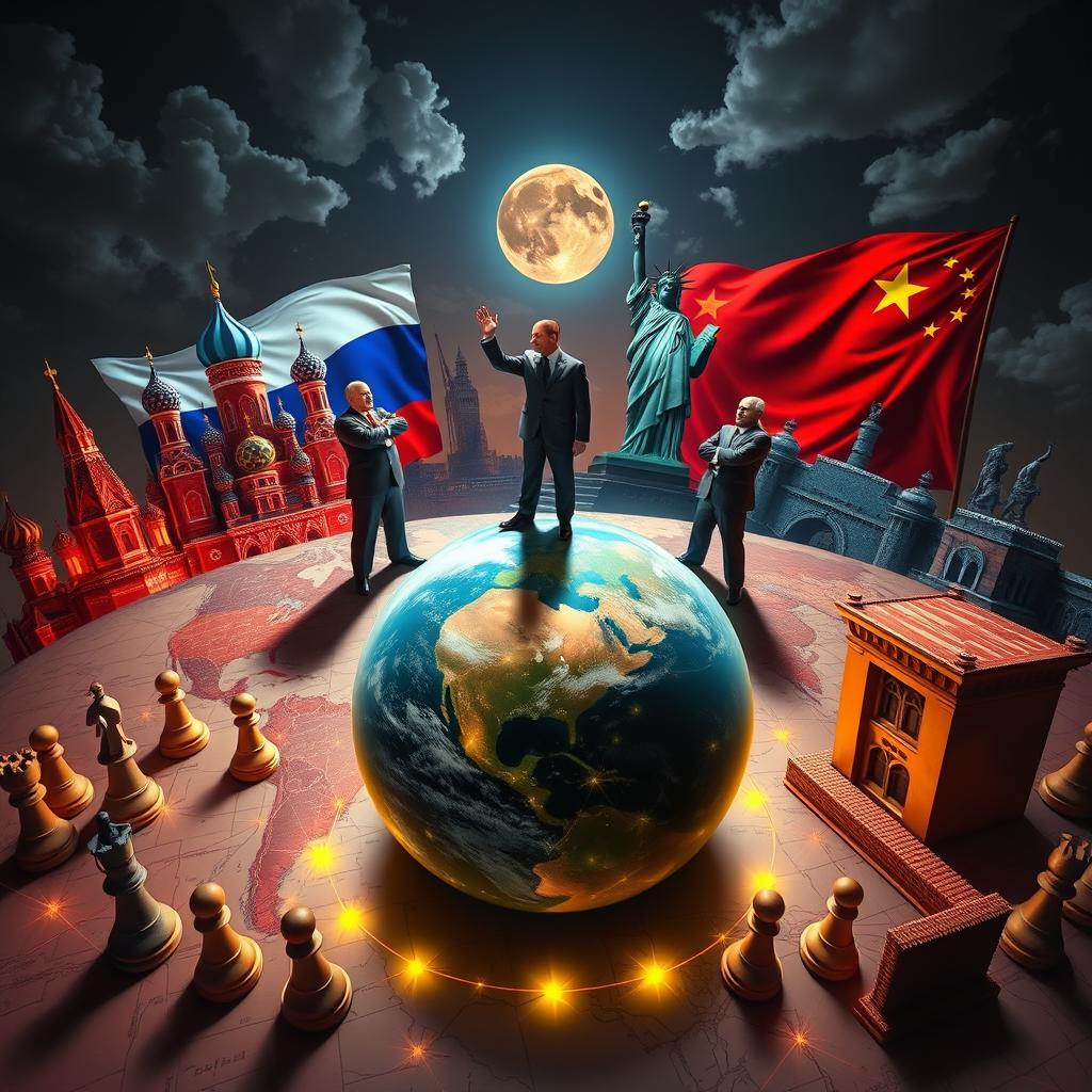 A dramatic and thought-provoking political landscape representing the game of influence among Russia, the USA, and China