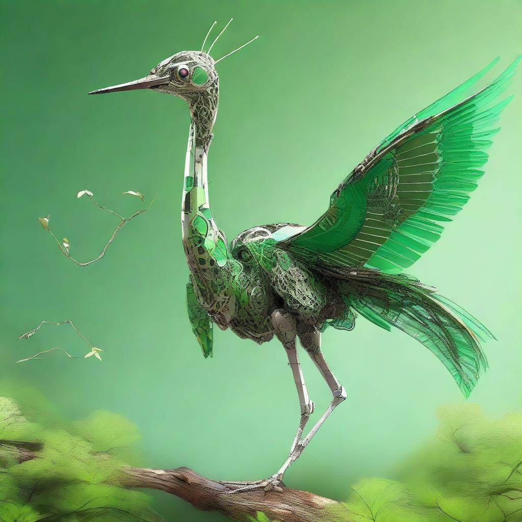 Design a green-toned vision of a crane (bird) transformed into an intricate robot, exploring the intersection of nature's elegance with advanced mechanics.