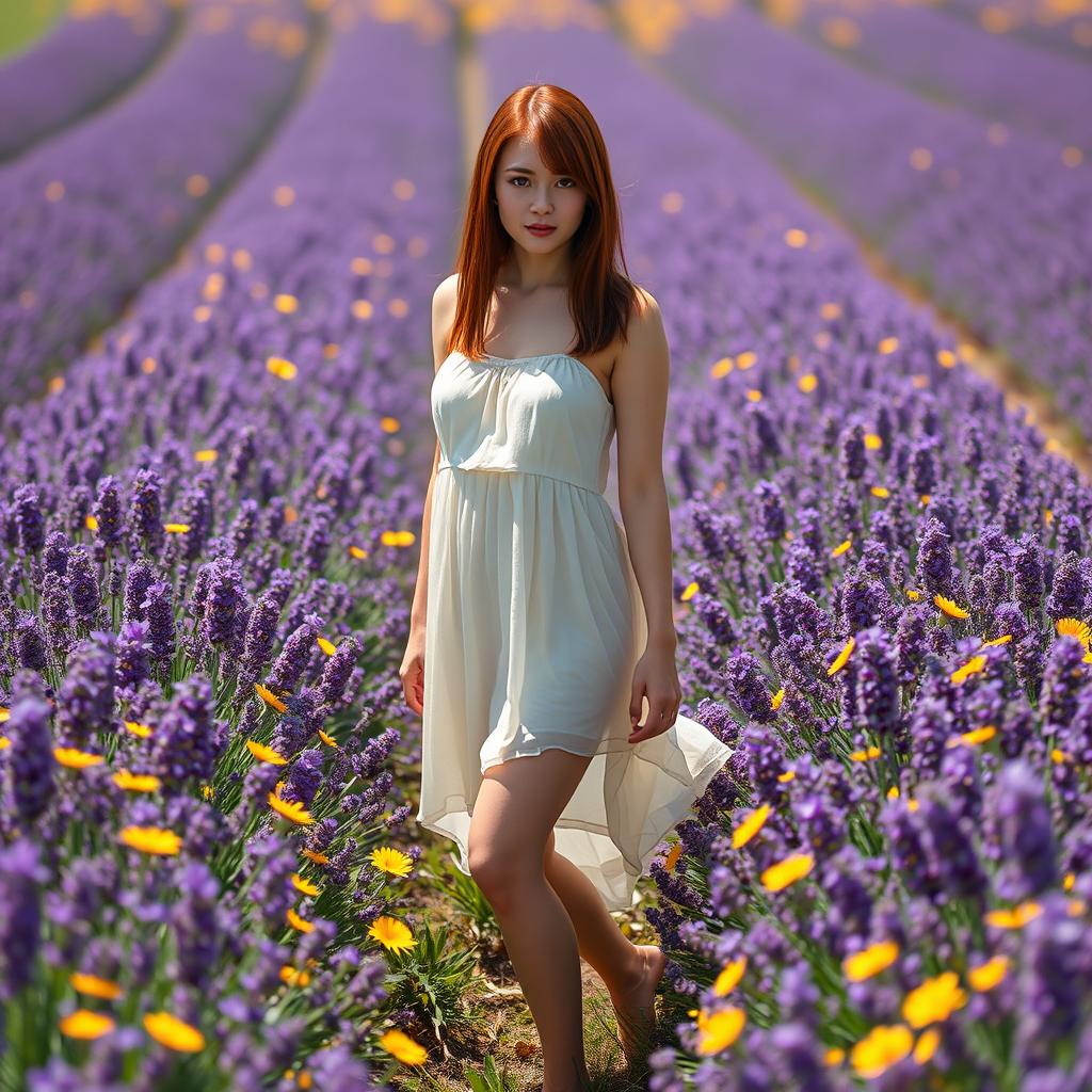 A woman with dark copper straight hair and light brown eyes, possessing a fair complexion and an hourglass figure, standing in a field of lavender flowers