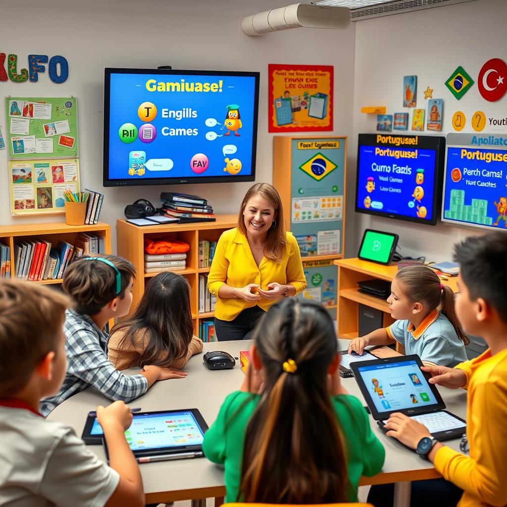 A vibrant and engaging scene depicting a gamified classroom setting for teaching Portuguese language