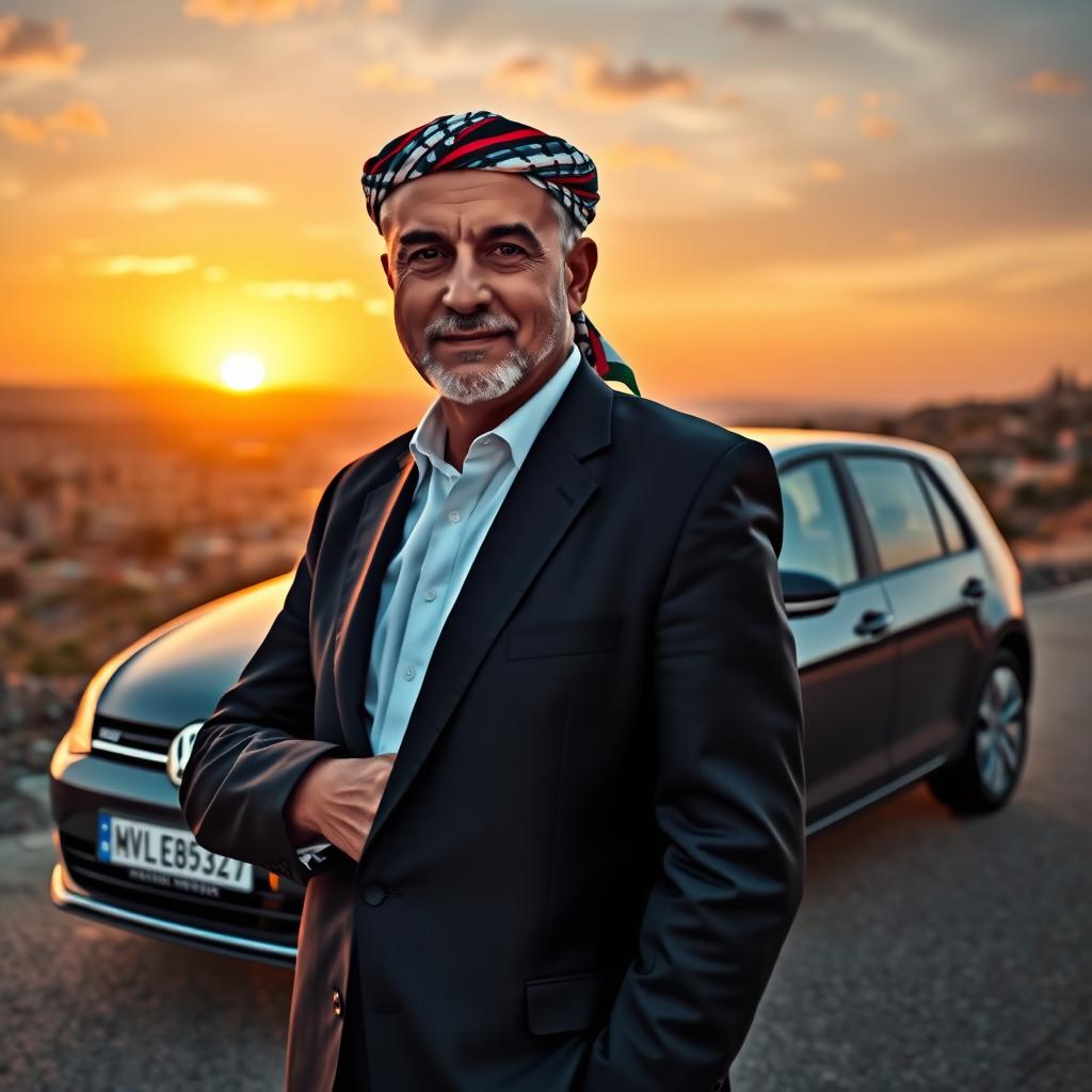 A portrait of the President of Palestine, depicted with a confident and dignified expression, standing proudly next to a sleek Volkswagen Golf powered by a 1
